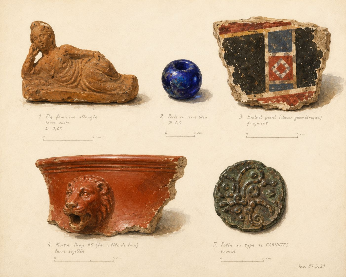 Planche d'objets emblématiques découverts aux Guinets