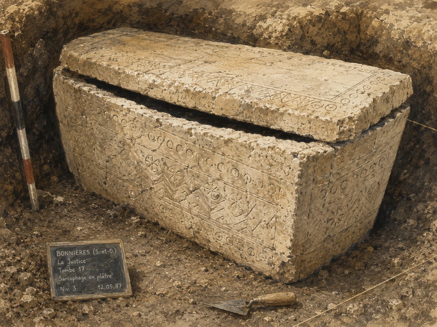 Reconstitution d'un sarcophage mérovingien en plâtre décoré