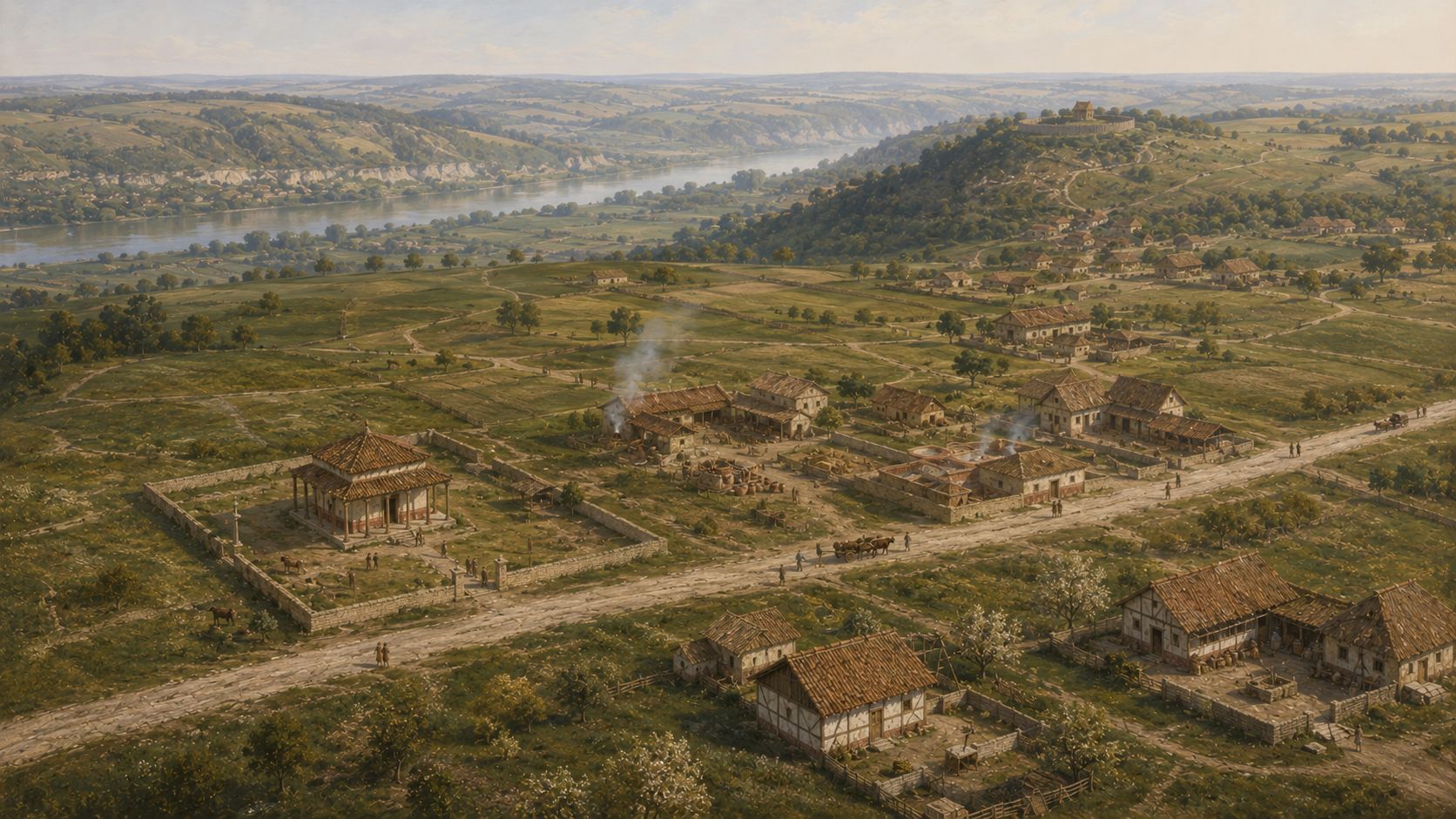 Vue cavalière reconstituée du bourg des Guinets à l'époque gallo-romaine