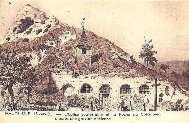 Haute-Isle, église et pigeonnier d'après une gravure ancienne