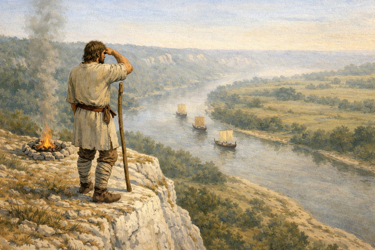 Un guetteur franc sur la falaise de La Roche-Guyon, scrutant la Seine à la recherche de voiles vikings, vers 860