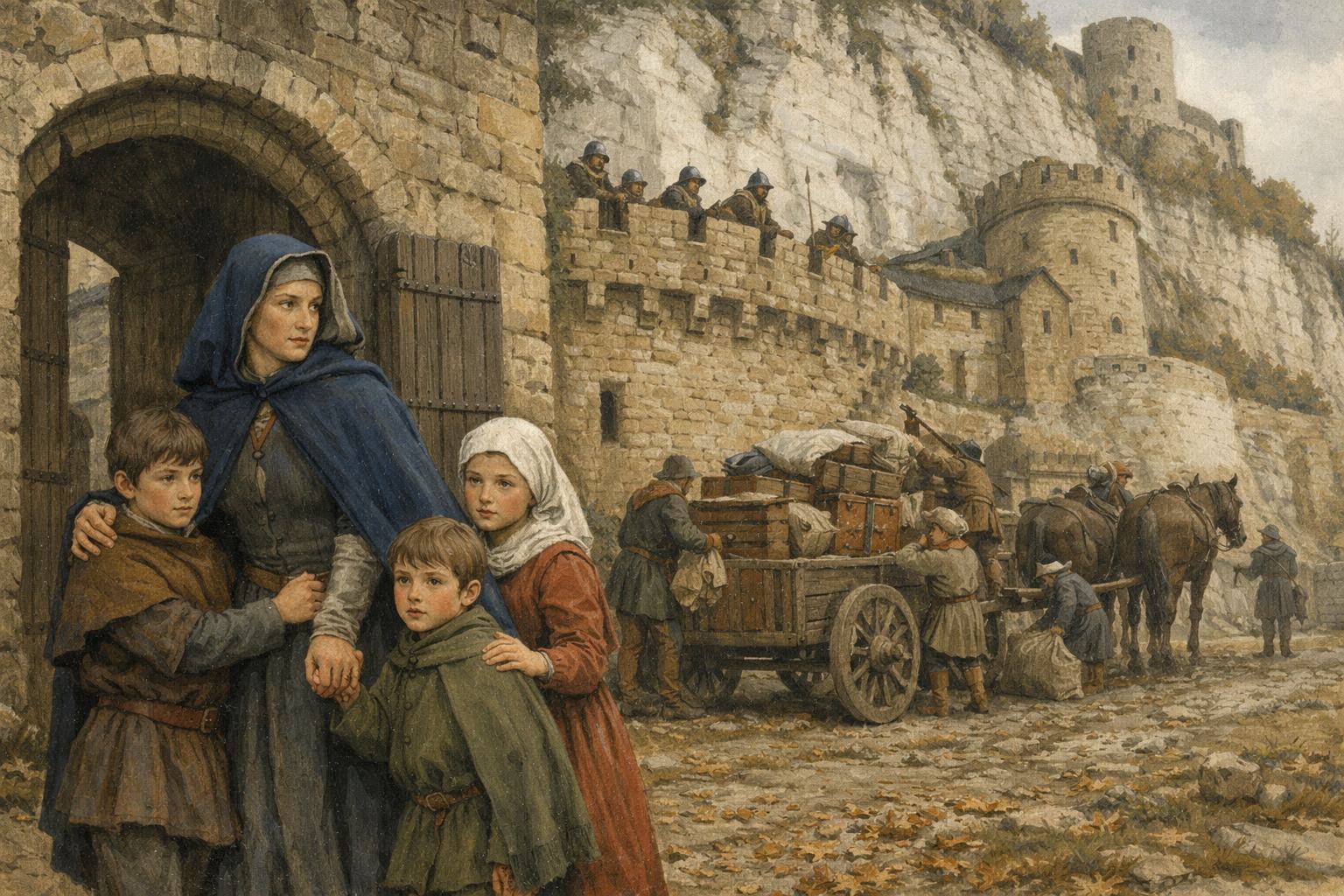 Perrette de La Rivière quittant le château de La Roche-Guyon avec ses enfants, automne 1419