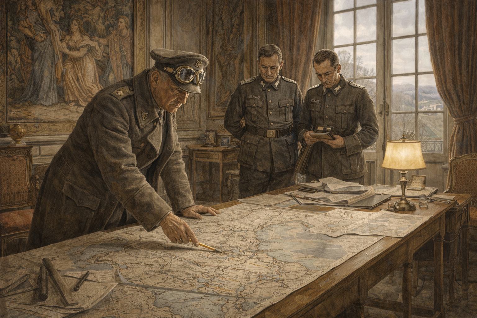 Le maréchal Rommel dans le pavillon d'Enville, devant ses cartes d'état-major, février 1944