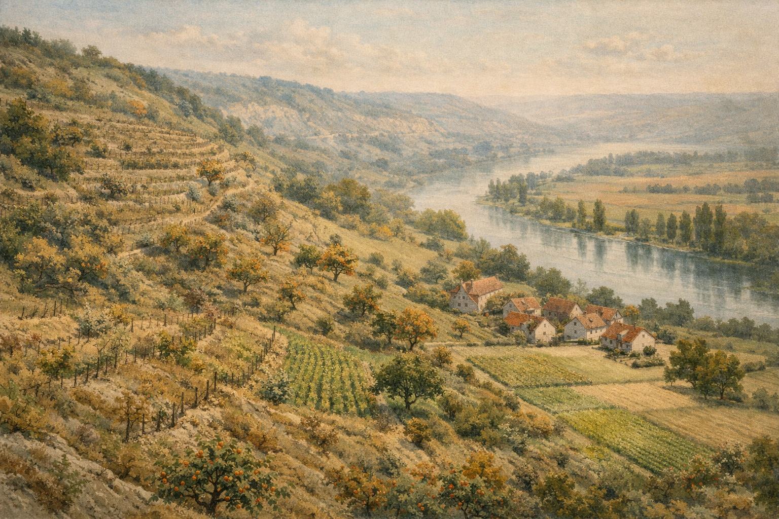 Les coteaux de Clachaloze vers 1895 : les anciennes terrasses viticoles cèdent la place aux abricotiers et aux céréales