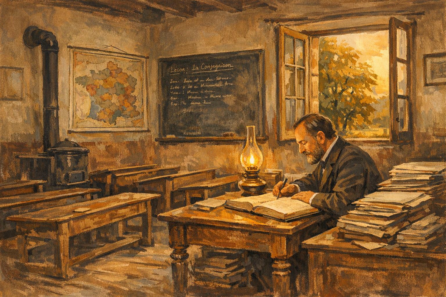 L'instituteur Ferrant achève sa monographie dans la salle de classe de Gommecourt, septembre 1899