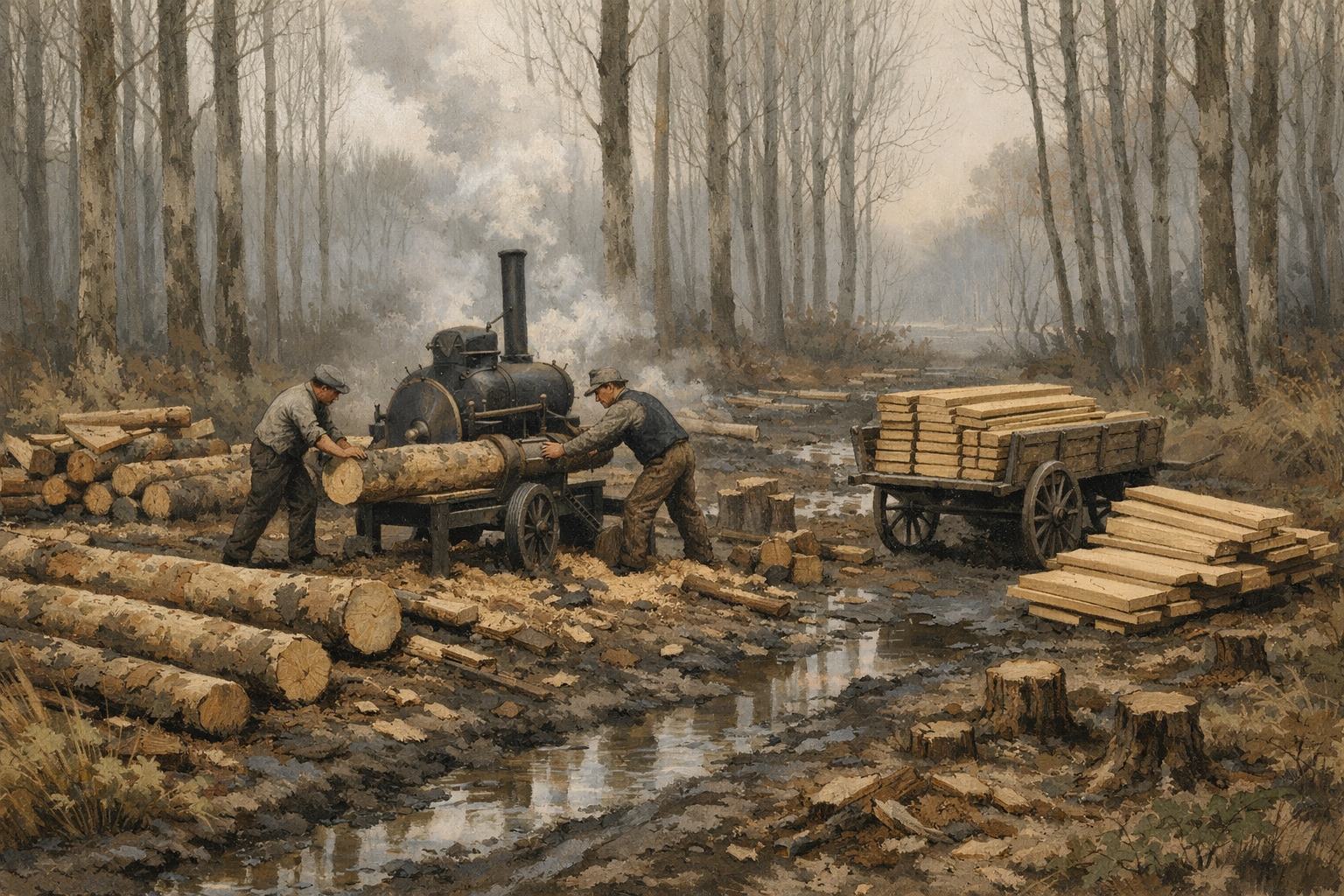 Les peupliers du marais de l'Epte, débités sur place par une scierie mécanique ambulante