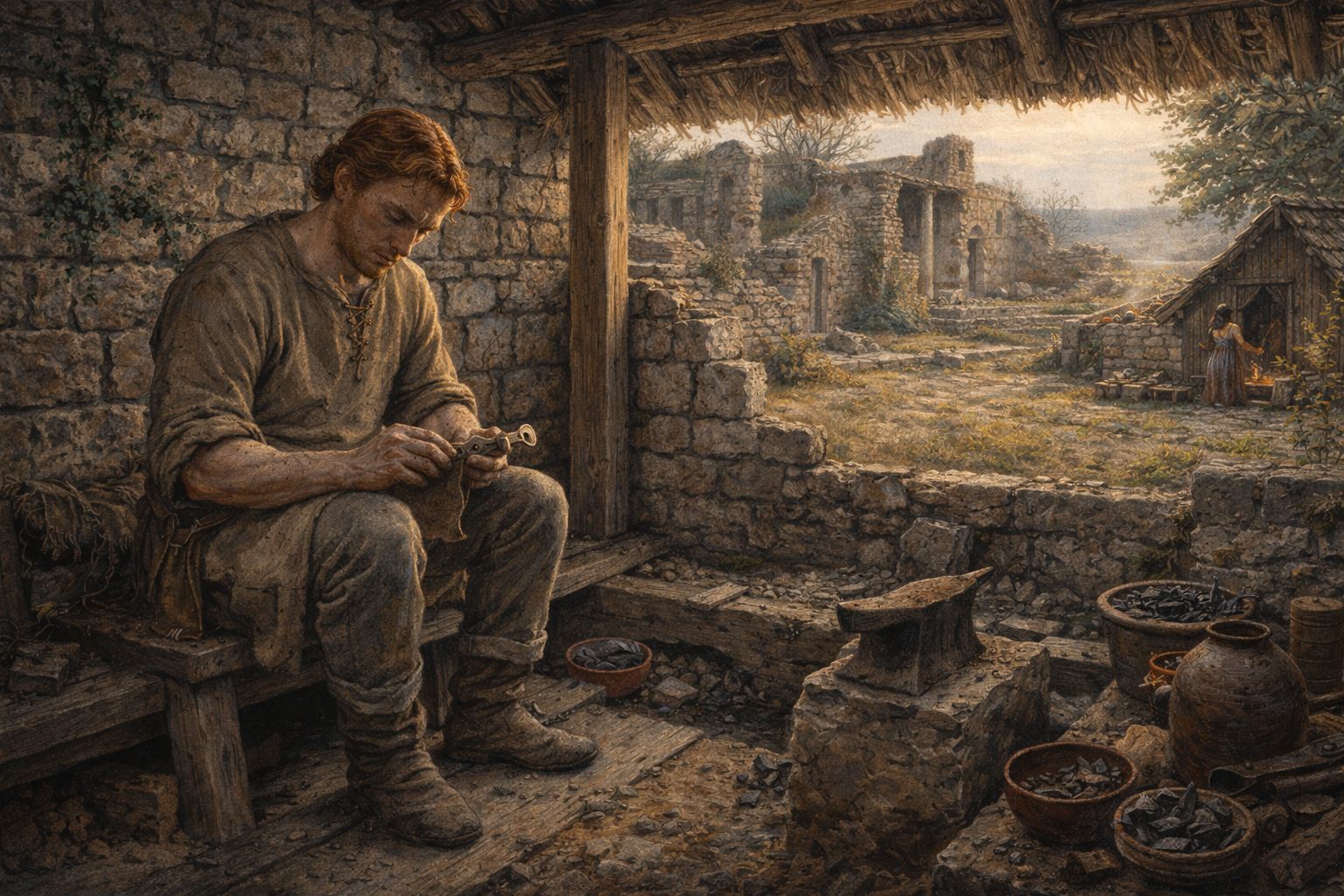 Reconstitution : un artisan germanique travaille le bronze dans un fond de cabane adossé aux ruines d'une villa romaine