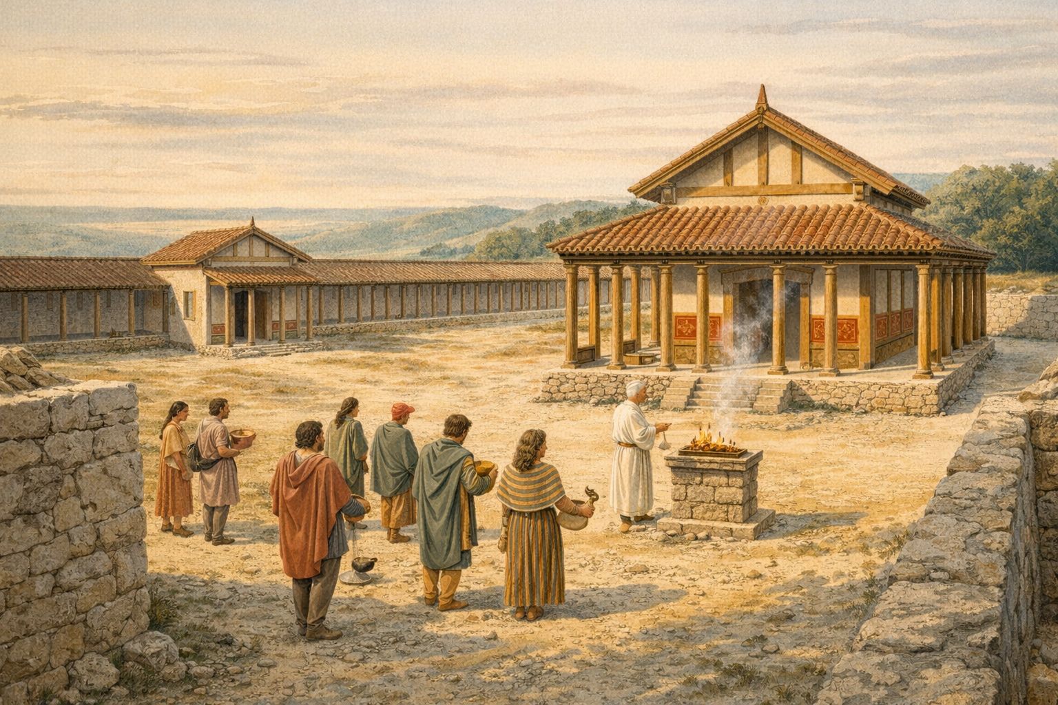 Vue générale du fanum H2 et de sa galerie — fouilles Luc Bourgeois 1982-1988