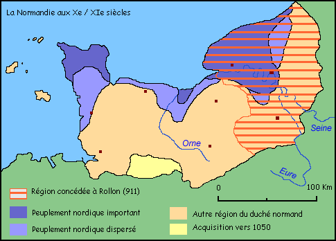 Carte des trois étapes territoriales de la construction de la Normandie entre 911 et 933