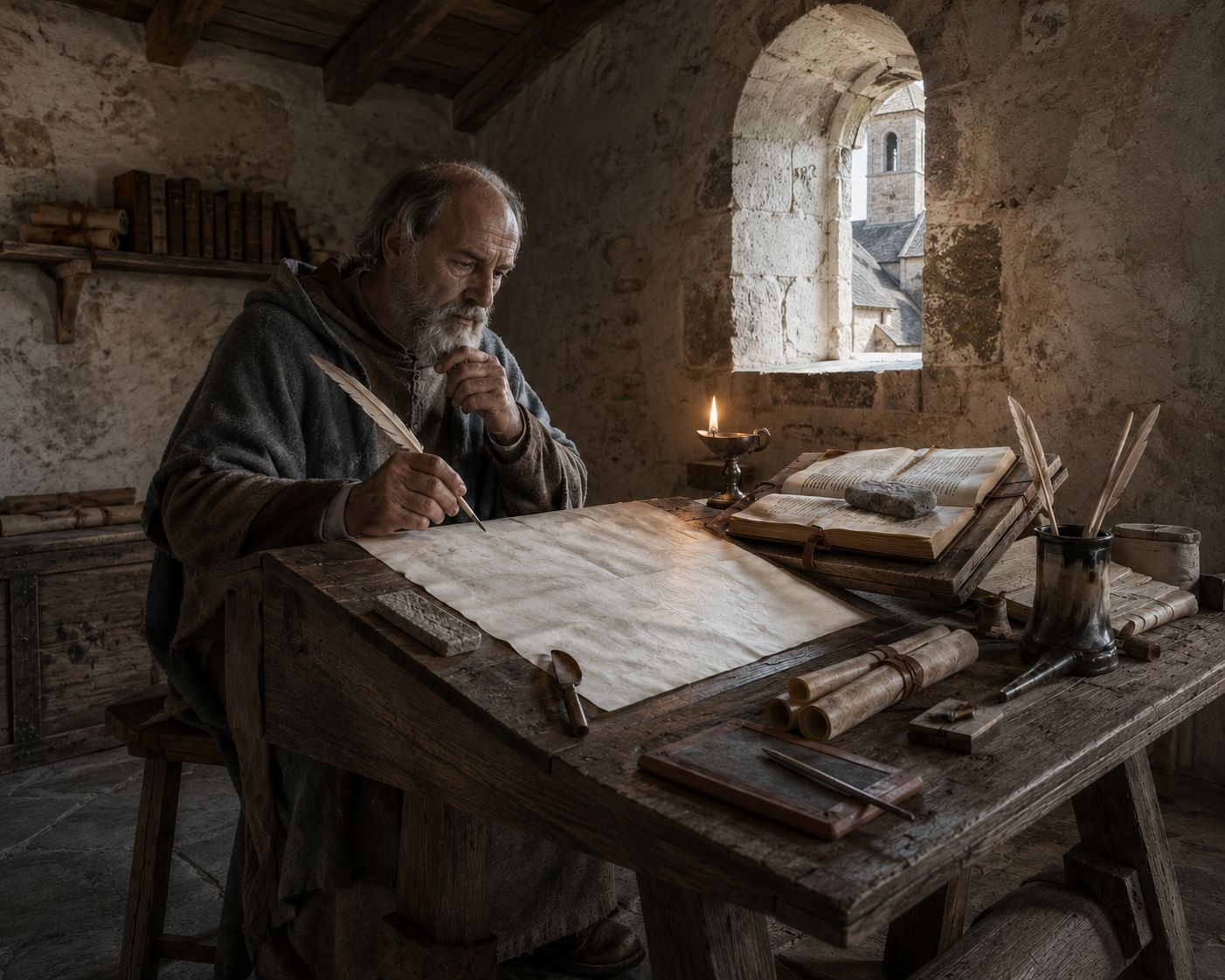 Clerc écrivant dans un scriptorium vers l'an mil, entouré de parchemins