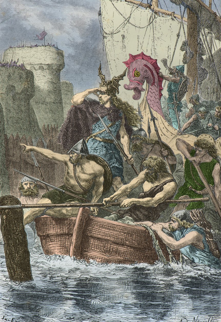 Les bateaux vikings devant les murs de Paris en 886, gravure d'Alphonse de Neuville