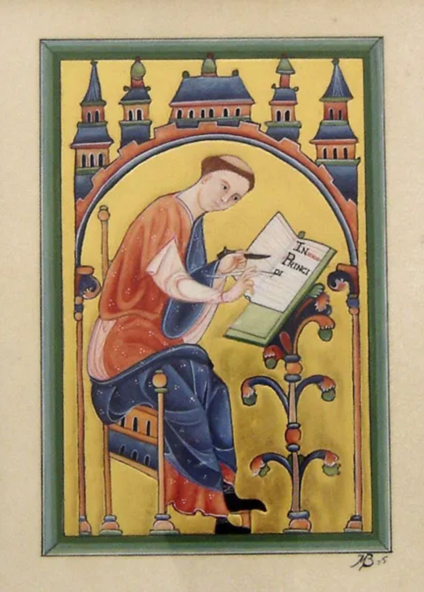 Scribe au travail, enluminure médiévale