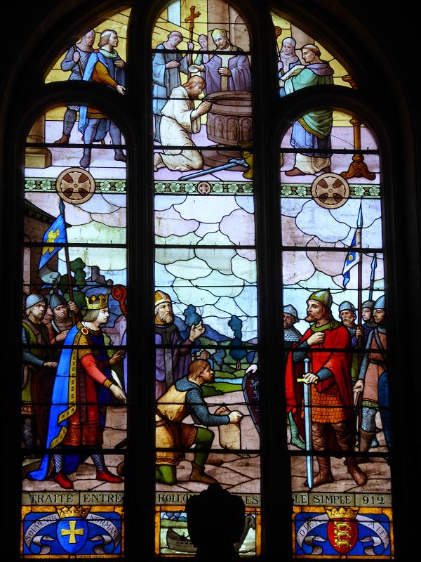 Vitrail de l'église de Saint-Clair-sur-Epte représentant le traité de 911 entre Rollon et Charles le Simple