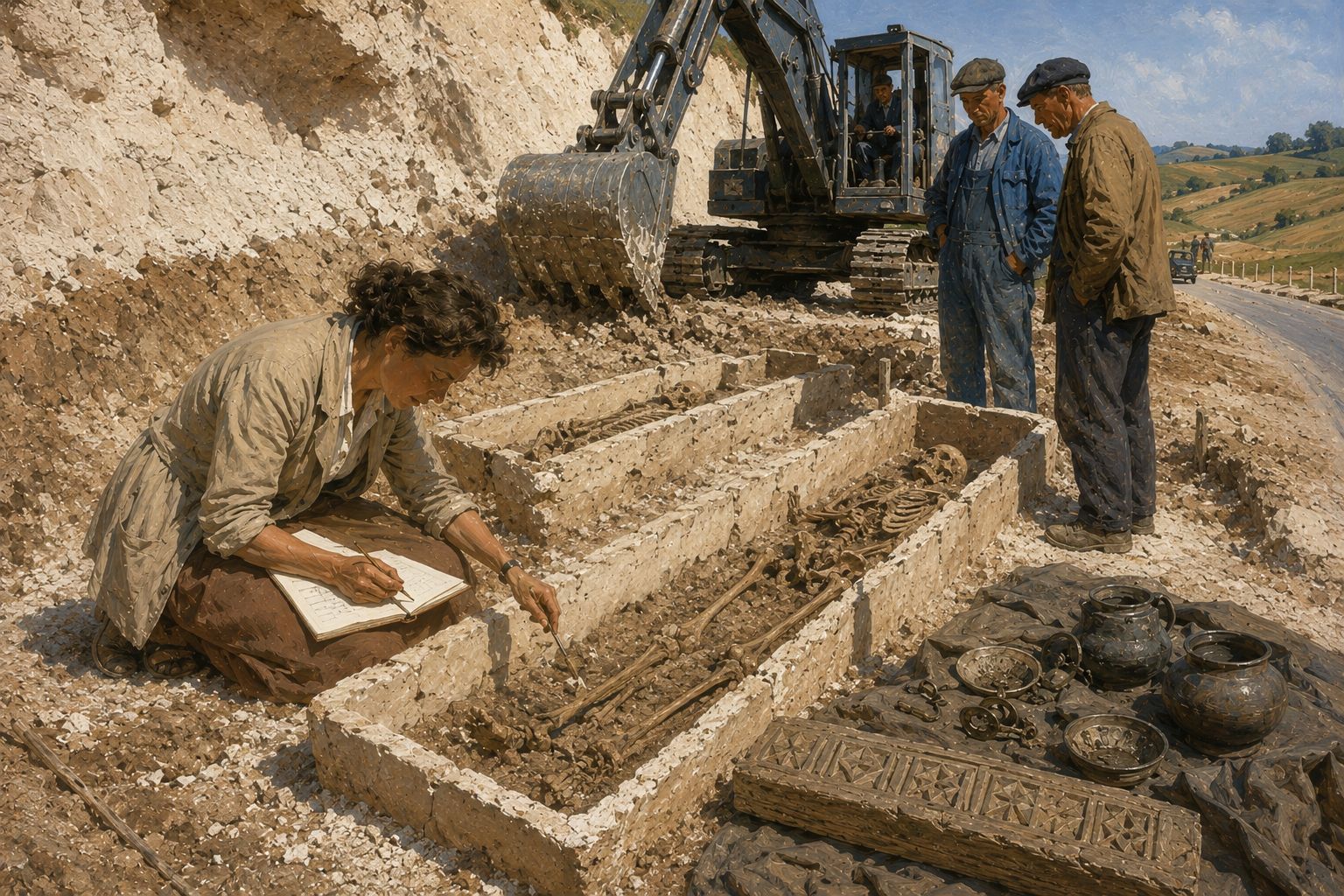 Fouille de sauvetage d'une nécropole mérovingienne le long d'une route, sarcophages de plâtre dégagés à la hâte