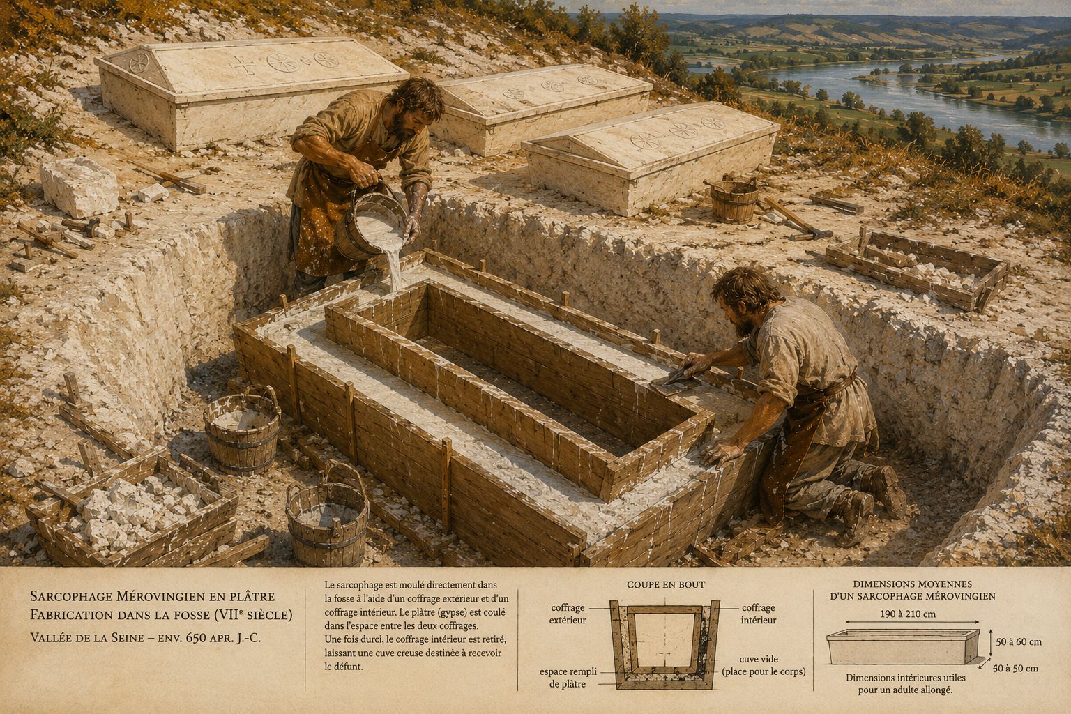 Reconstitution d'un sarcophage de plâtre mérovingien coulé dans sa fosse au moyen d'un coffrage de planches de bois