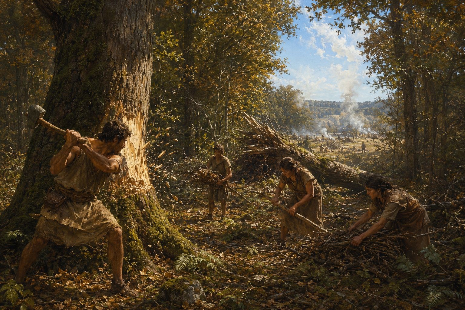 Défrichage néolithique : abattre les grands arbres à la hache polie