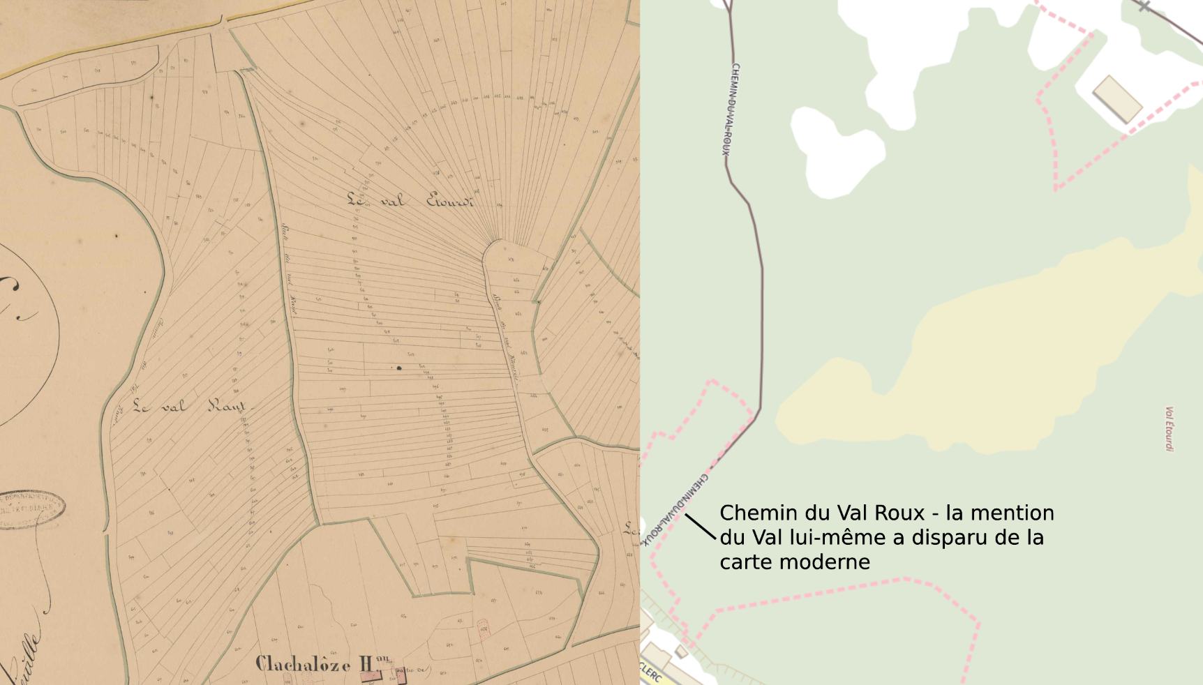 Le Val Raut sur le cadastre de 1830 et le Val Roux sur la carte actuelle