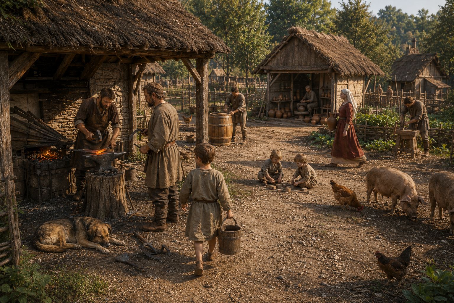 Forgeron, potier et charpentier au travail dans un village carolingien