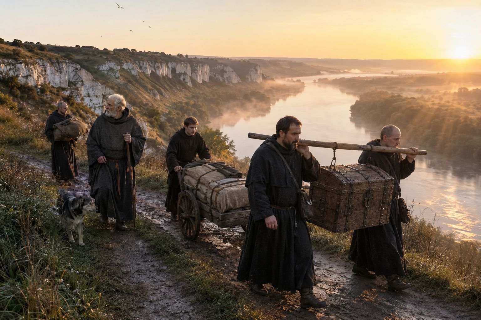 Moines fuyant le long de la Seine à l'aube, emportant la châsse des reliques de leur saint