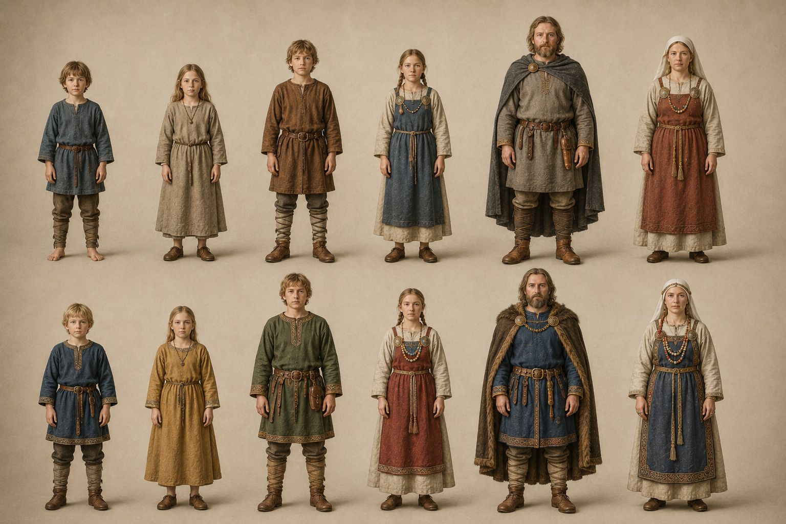 Planche pédagogique du costume scandinave vers 900 : tunique et pantalon pour l'homme, robe-tablier fermée par une paire de broches pour la femme