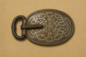 Plaque-boucle de ceinture en bronze damasquiné d'argent, objet de prestige marquant le rang du défunt.)