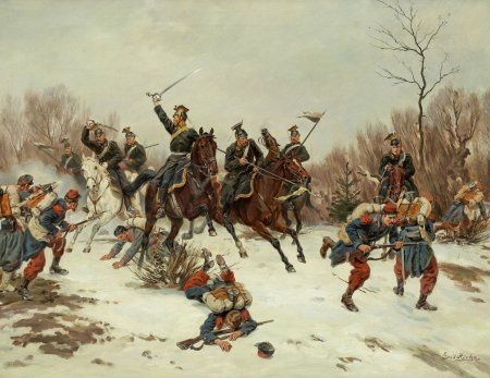 Combat entre Uhlans prussiens et infanterie française, automne 1870 (gravure d'Emil Hünten)