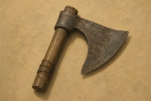 Hache de jet franque (francisque), à la silhouette asymétrique reconnaissable, à la fois outil et arme.)