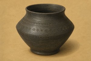 Vase biconique en céramique gris-noir lustrée, à décor estampé, déposé près du défunt selon la coutume funéraire franque.)
