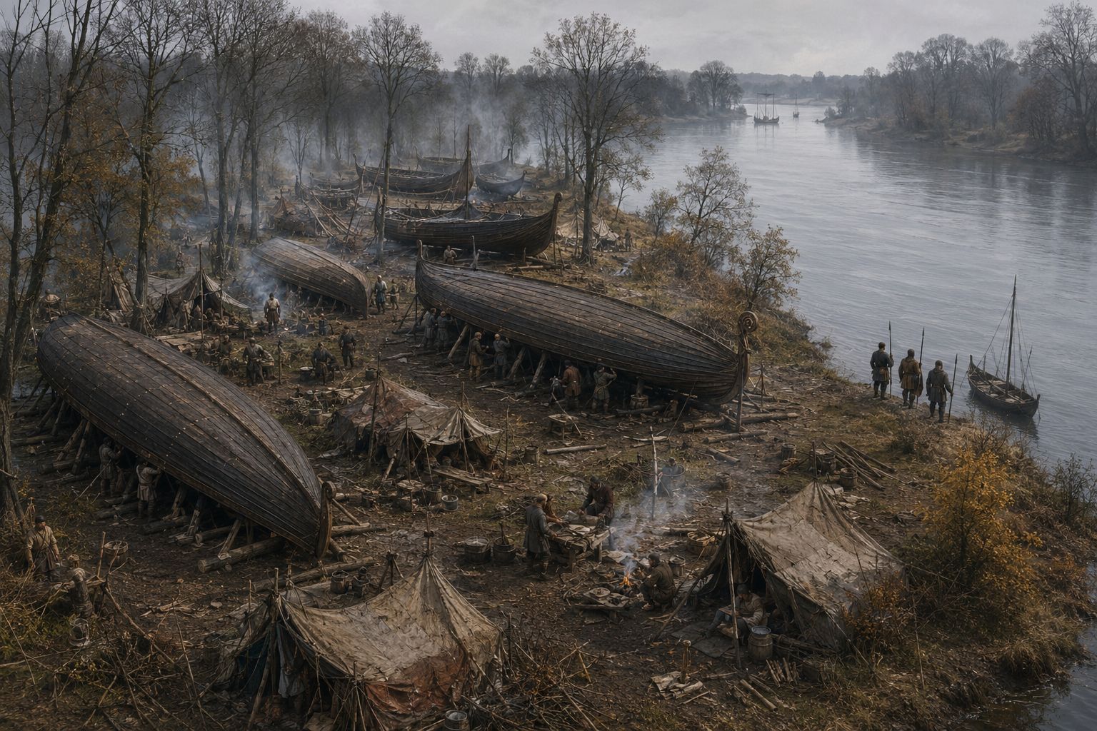Reconstitution d'un camp d'hivernage viking sur une île de la Seine, navires tirés au sec, IXe siècle