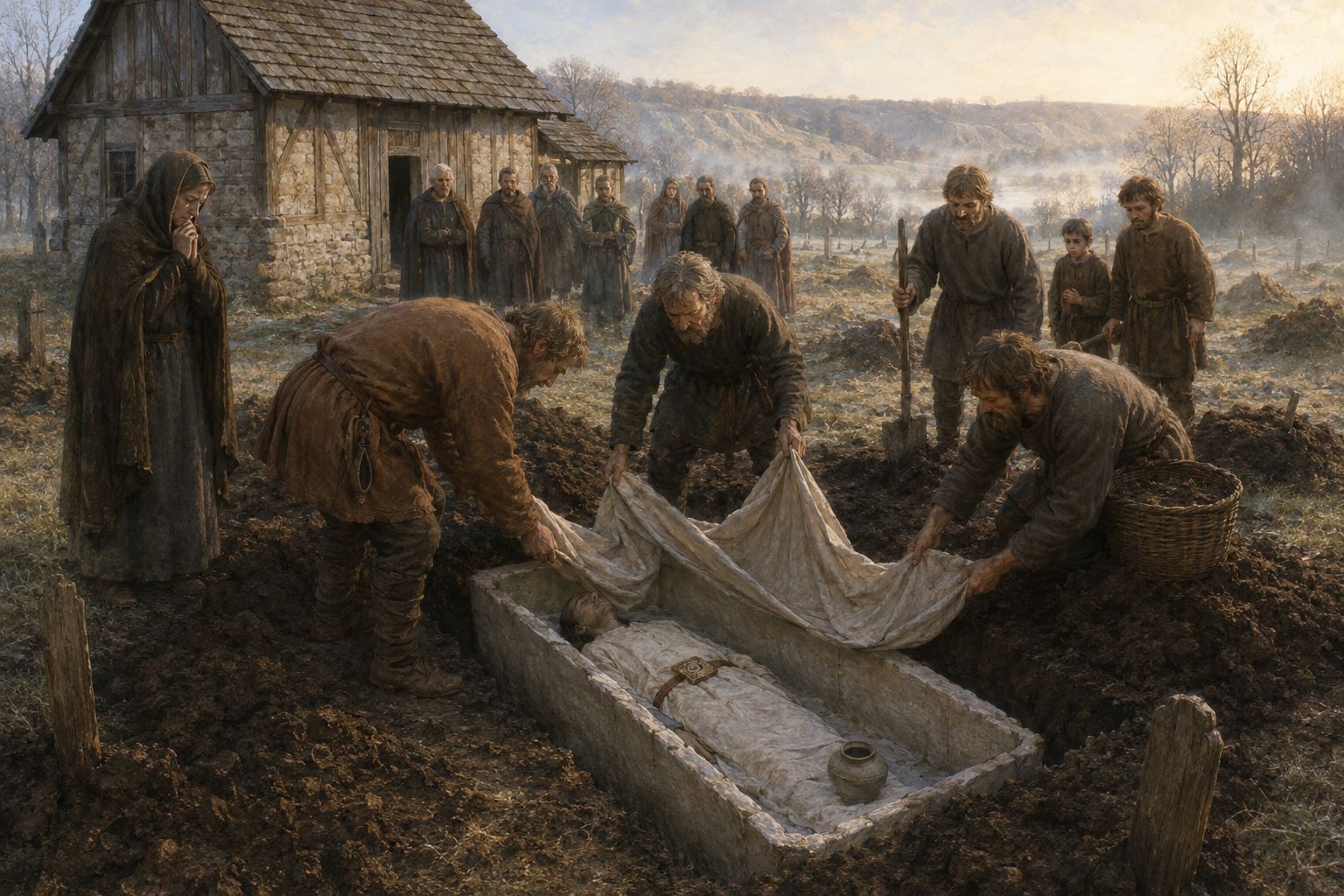 Reconstitution d'une inhumation mérovingienne dans un sarcophage de plâtre, vallée de la Seine, VIe siècle