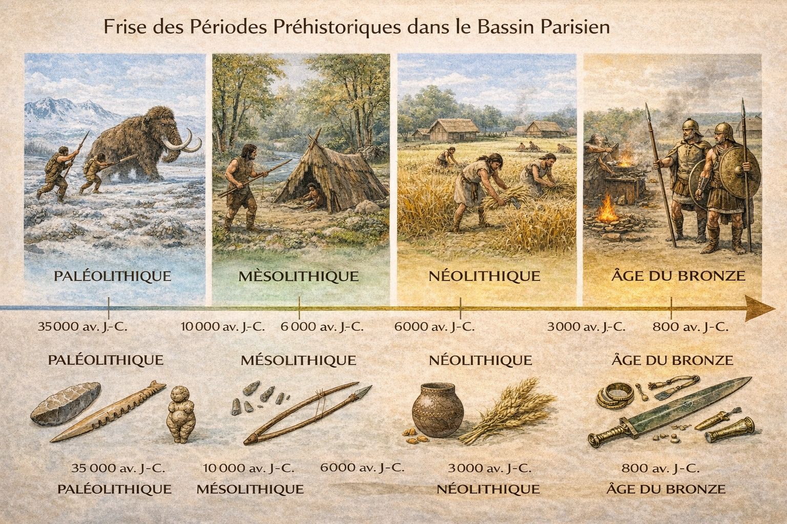 Frise chronologique illustrée des périodes préhistoriques