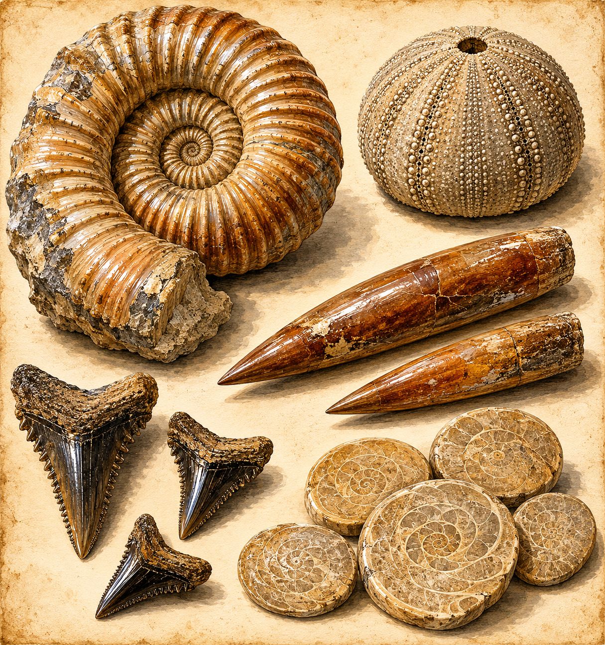 Échantillons de fossiles locaux : oursin et bélemnite de la craie, dent de requin de l'Éocène, nummulites